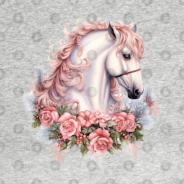 Pink Floral Christmas Horse by Chromatic Fusion Studio